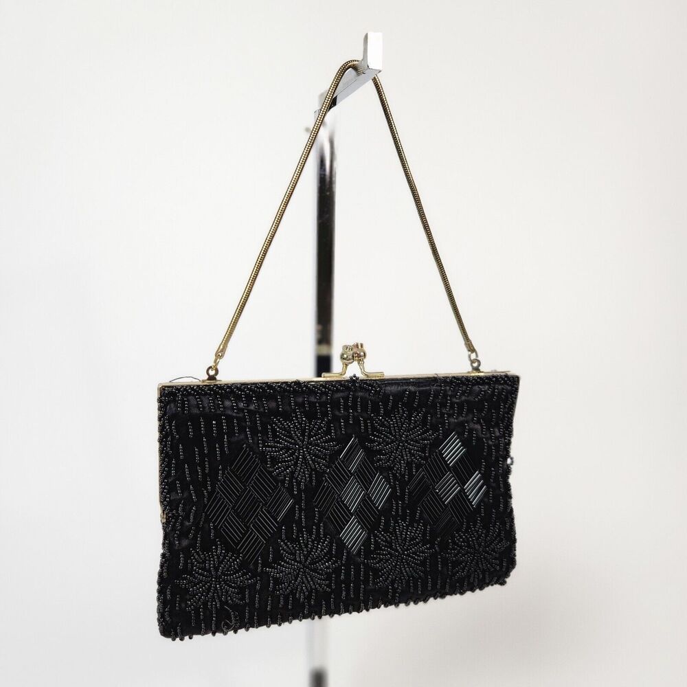 VTG Black‎ Small Beaded Purse Womens Handbag 1920s Flapper Gir Made In Hong Kong